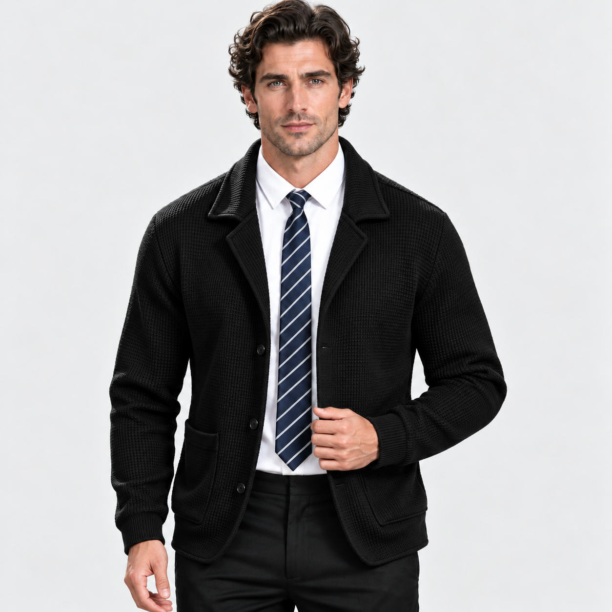 Men's Waffle Knit Jacket – Soft Stretch Loose Fit Winter Coat | Black Navy Grey Burgundy | S–3XL