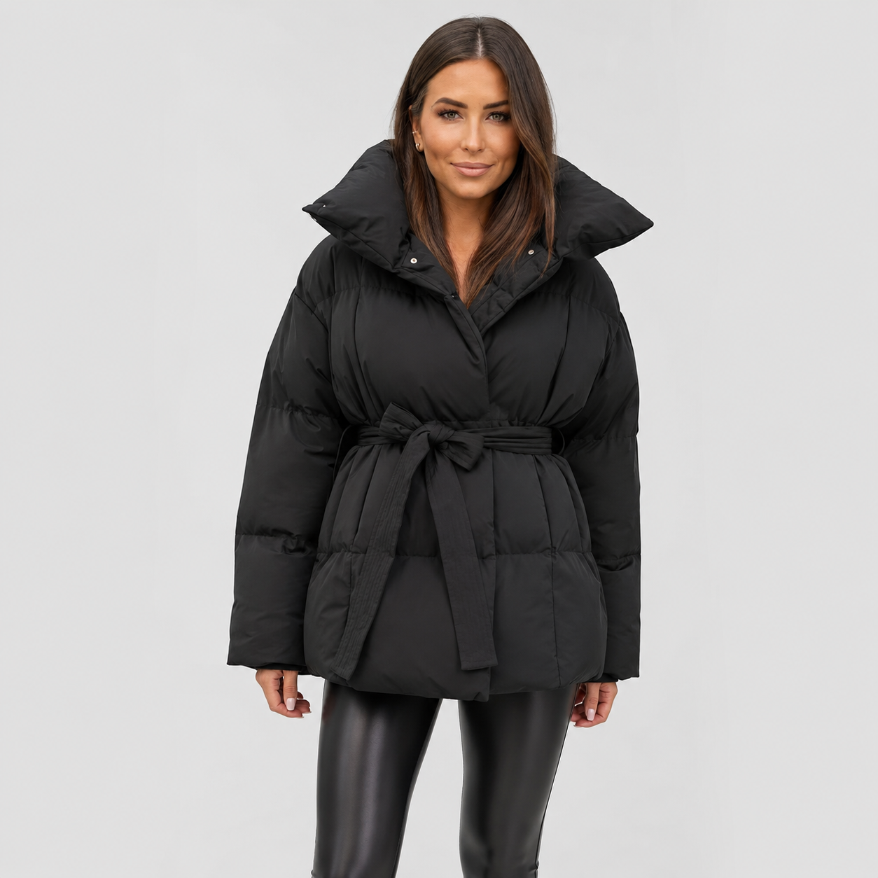 Belted Puffer Coat | Women's Stand Collar Winter Jacket | Women's Padded Black Coffee Brown Beige