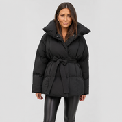 Belted Puffer Coat | Women's Stand Collar Winter Jacket | Women's Padded Black Coffee Brown Beige