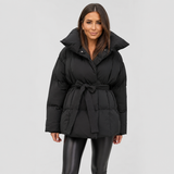 Belted Puffer Coat | Women's Stand Collar Winter Jacket | Women's Padded Black Coffee Brown Beige