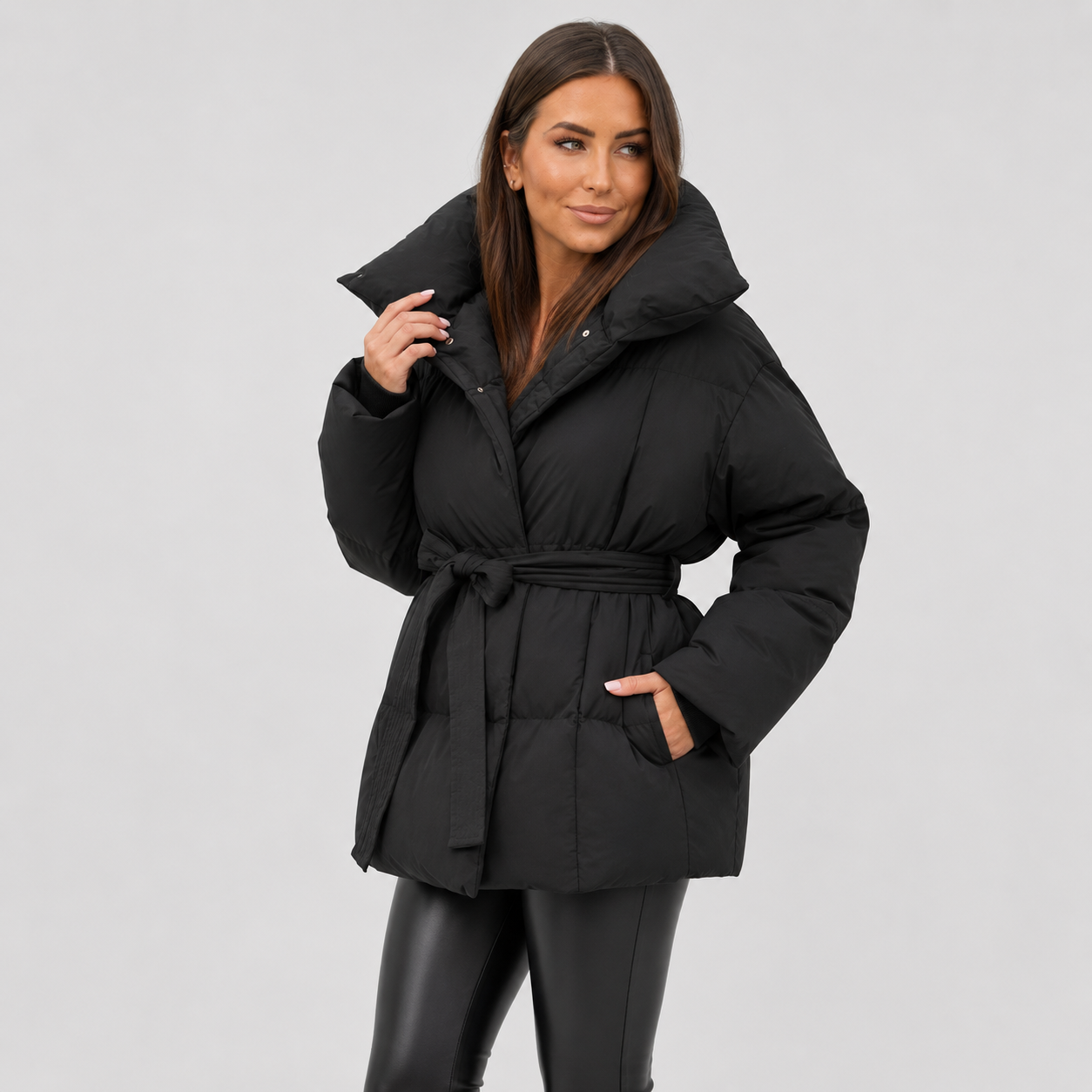 Belted Puffer Coat | Women's Stand Collar Winter Jacket | Women's Padded Black Coffee Brown Beige