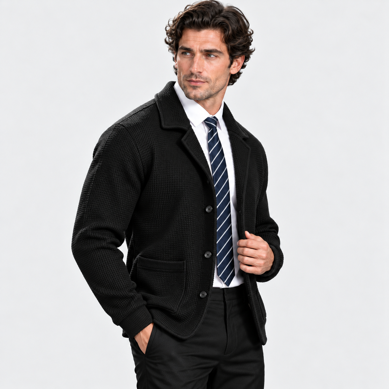 Men's Waffle Knit Jacket – Soft Stretch Loose Fit Winter Coat | Black Navy Grey Burgundy | S–3XL