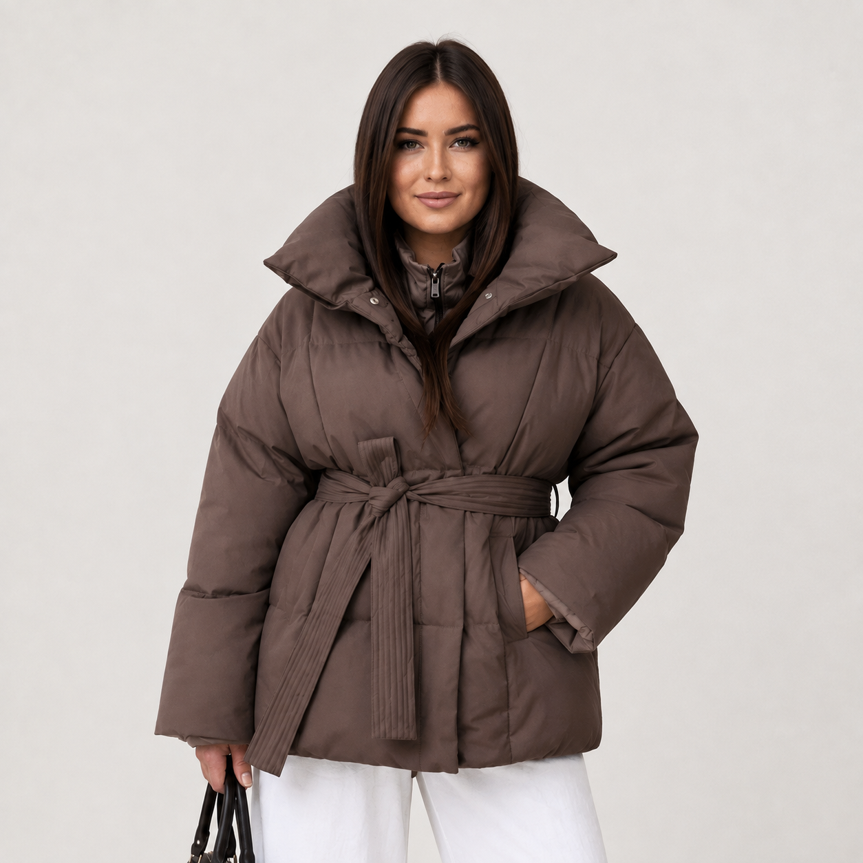 Belted Puffer Coat | Women's Stand Collar Winter Jacket | Women's Padded Black Coffee Brown Beige