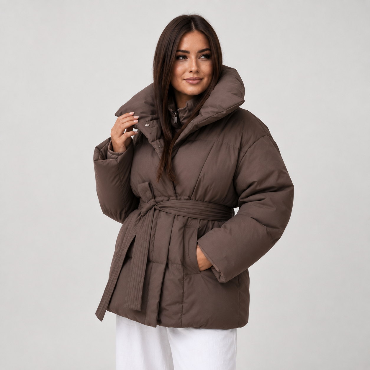 Belted Puffer Coat | Women's Stand Collar Winter Jacket | Women's Padded Black Coffee Brown Beige