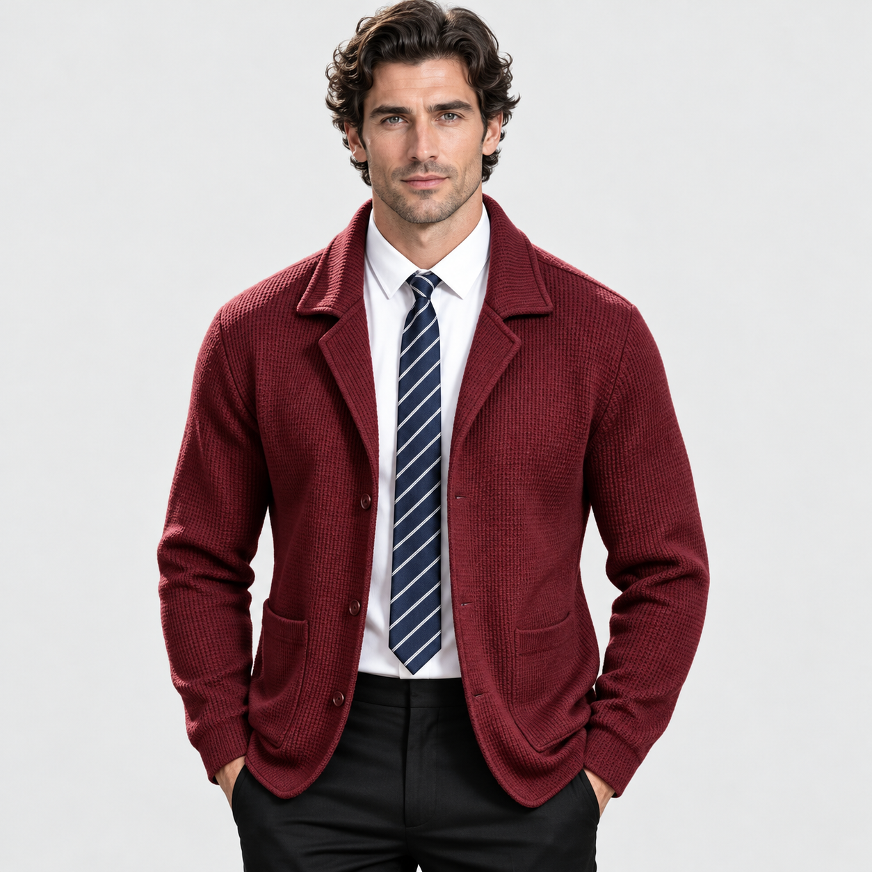 Men's Waffle Knit Jacket – Soft Stretch Loose Fit Winter Coat | Black Navy Grey Burgundy | S–3XL