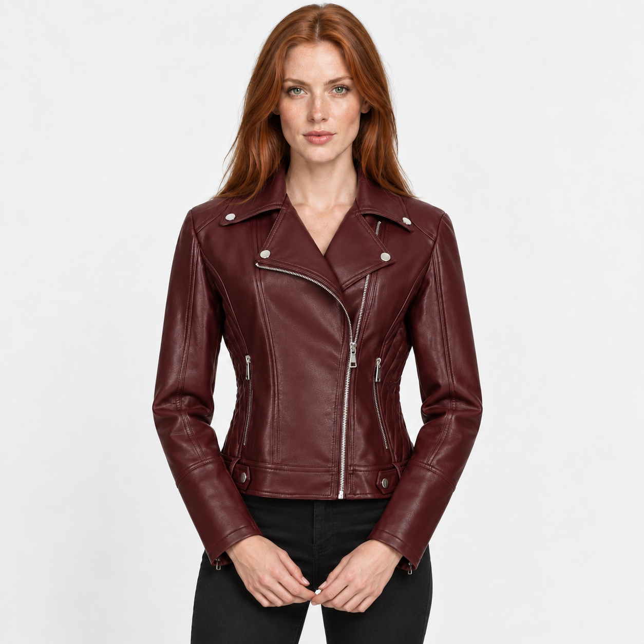 Women's Slim Fit Biker Jacket – Zip-Up Street Fashion Winter Coat | Black Milky Burgundy Green | S–2XL