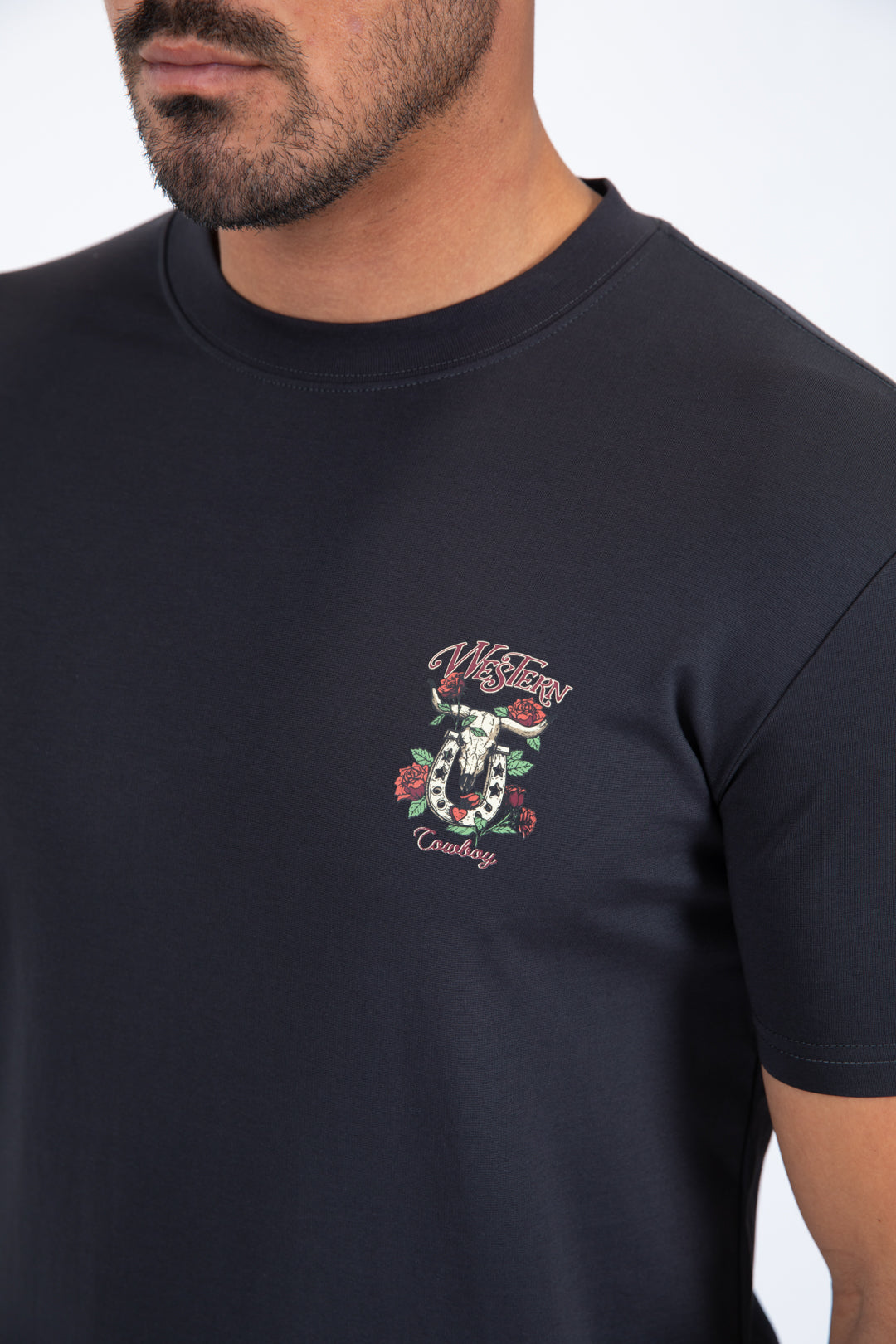 Western Skull Horseshoe Graphic Tee | T-Shirt | Men's Cotton Charcoal Western Print