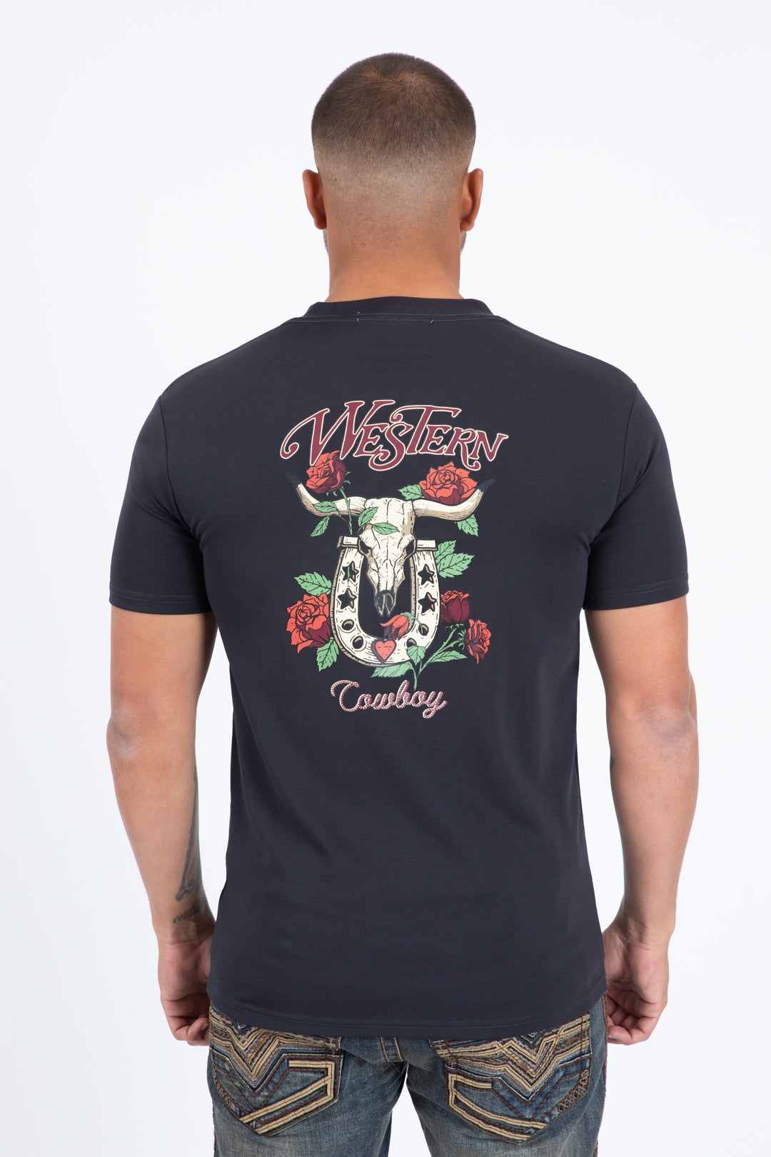 Western Skull Horseshoe Graphic Tee | T-Shirt | Men's Cotton Charcoal Western Print