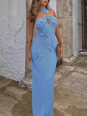 3D Flower Decor Halter Neck Bodycon Crochet Maxi Dresses | Women's Halter Neck Maxi Dress | Summer Holiday Long Dress UK