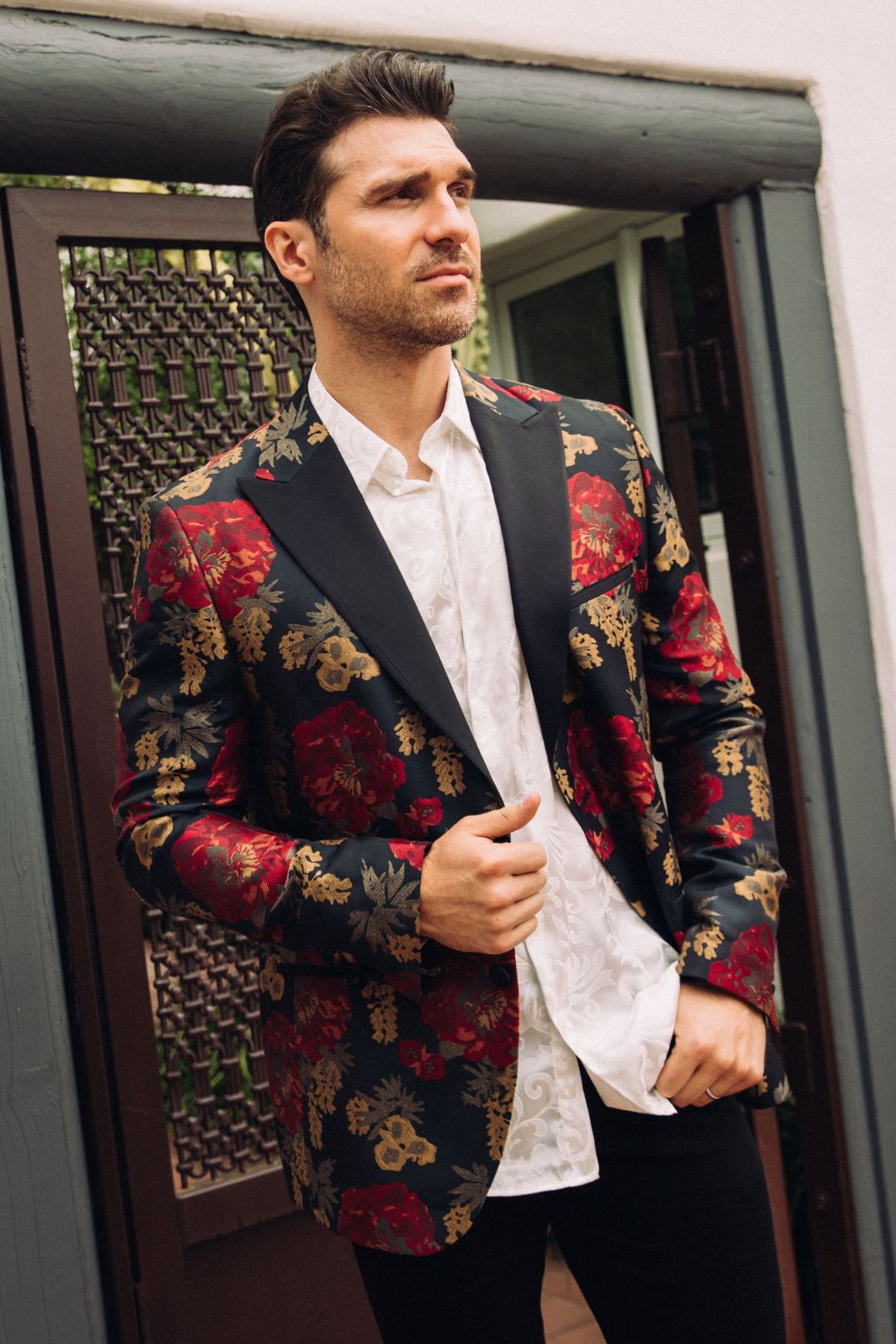 Double Button Woven Print Blazer | Blazer | Men's Dark Blue Black Burgundy Woven