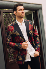 Double Button Woven Print Blazer | Blazer | Men's Dark Blue Black Burgundy Woven