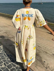 Folk Floral Print Unique Holiday Puff Sleeve Midi Dress | Women's Floral Print Midi Dress | Feminine Boho Dress UK