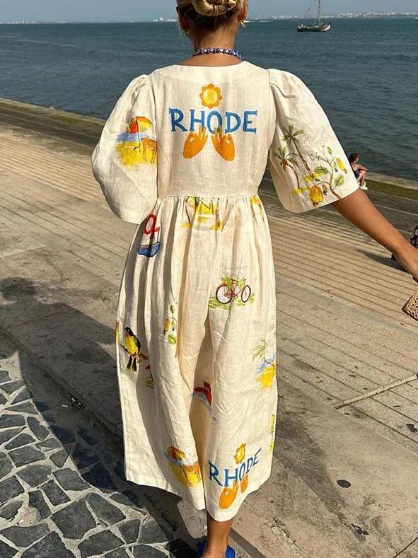 Folk Floral Print Unique Holiday Puff Sleeve Midi Dress | Women's Floral Print Midi Dress | Feminine Boho Dress UK