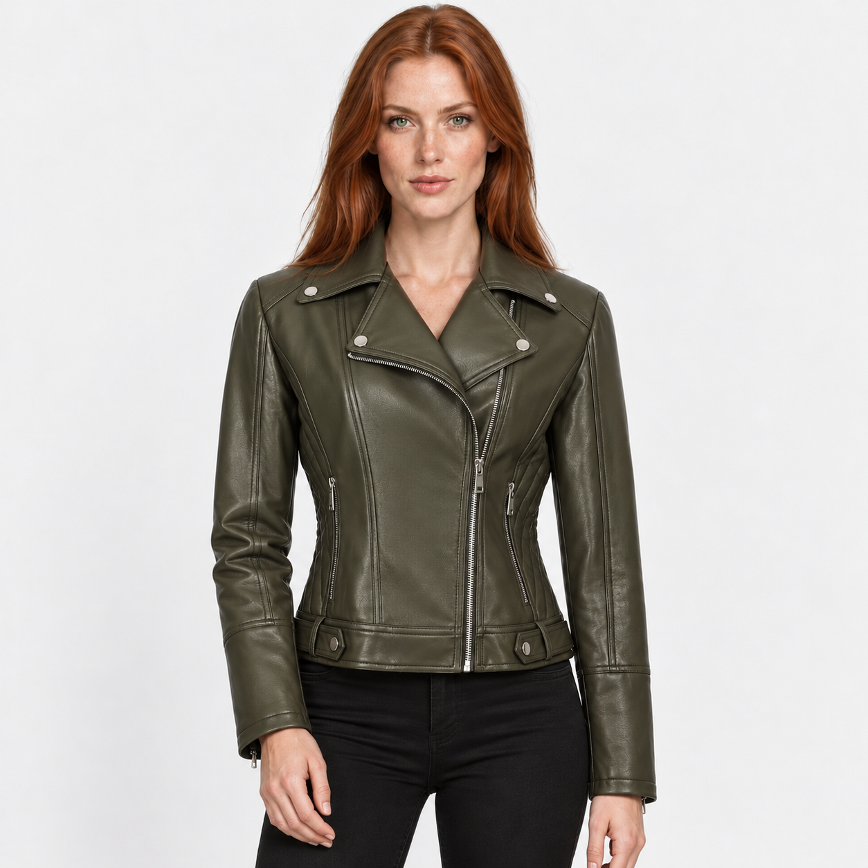 Women's Slim Fit Biker Jacket – Zip-Up Street Fashion Winter Coat | Black Milky Burgundy Green | S–2XL