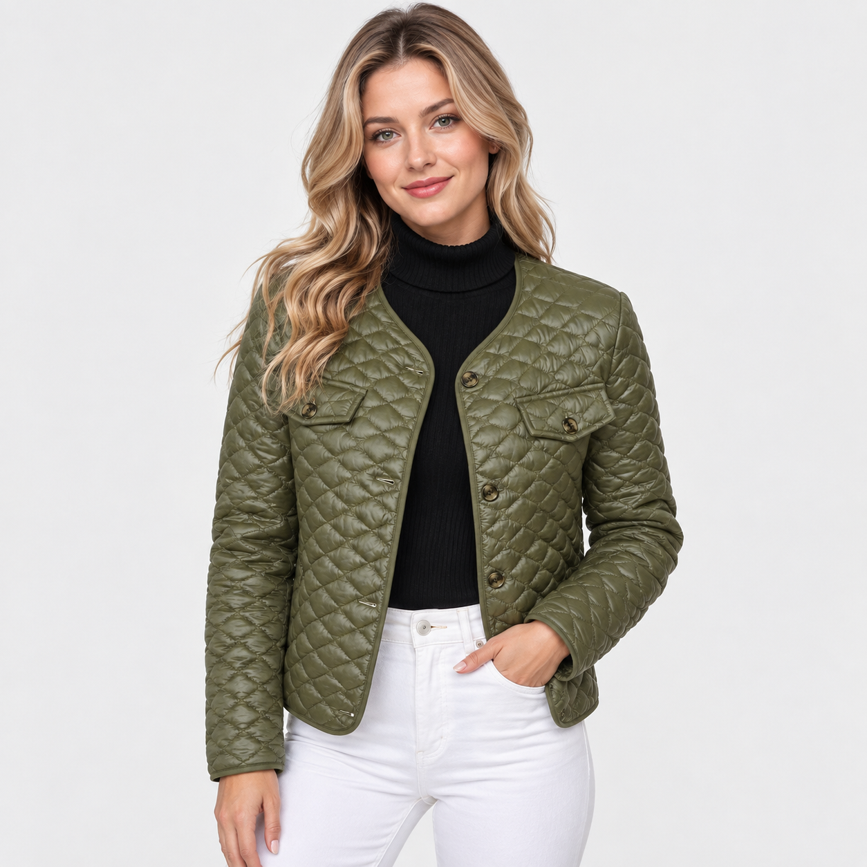 Women's Quilted Coat – Solid Colour Warm Fall Winter Style Jacket | Black Green Off-White | S–2XL