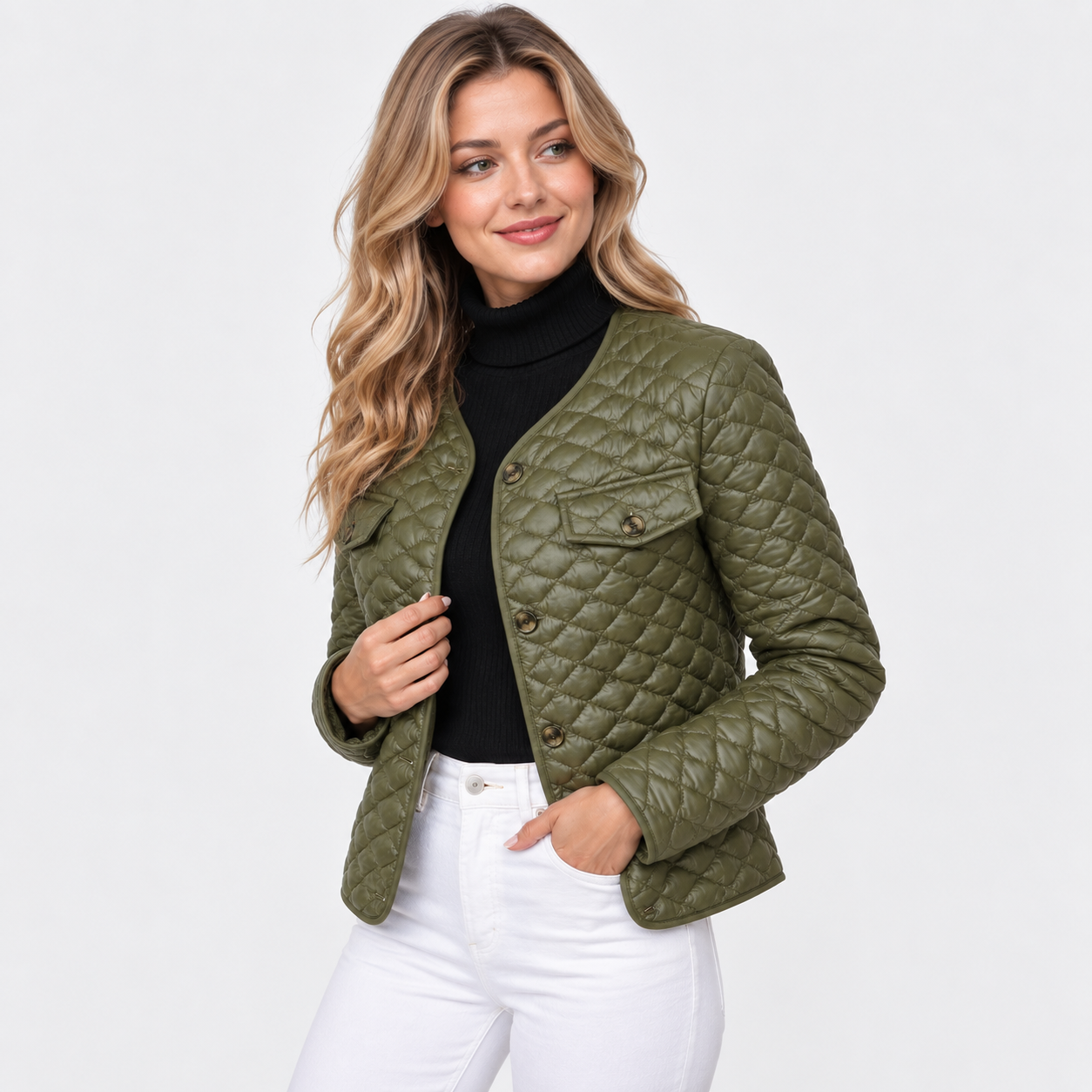 Women's Quilted Coat – Solid Colour Warm Fall Winter Style Jacket | Black Green Off-White | S–2XL