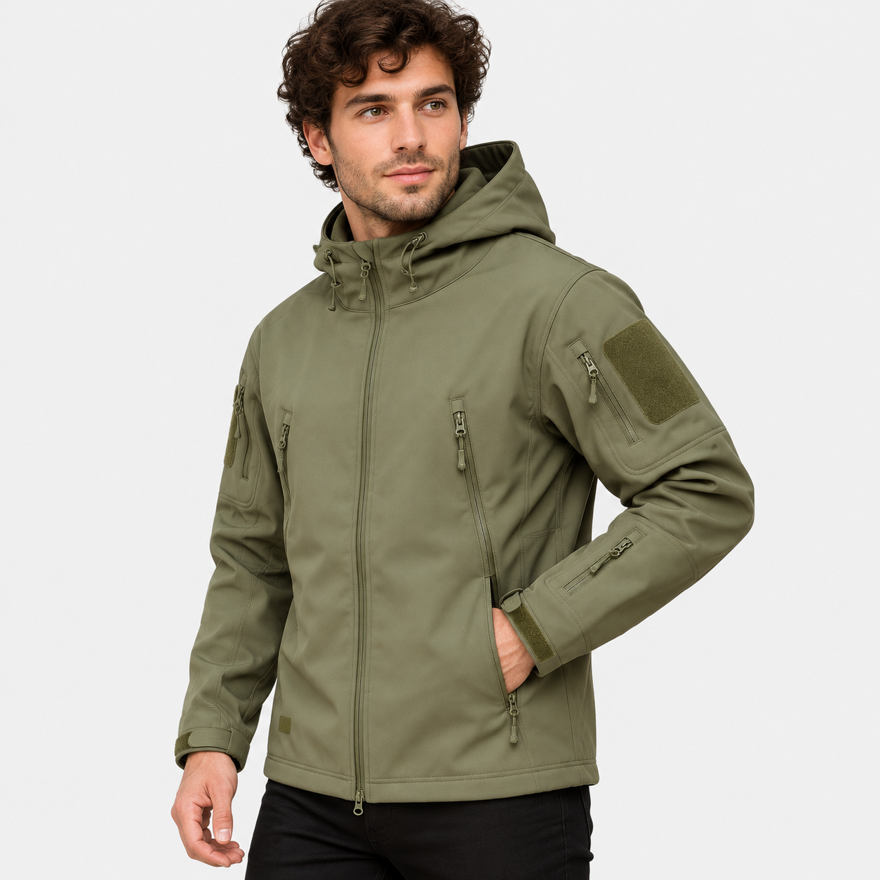Men's Softshell Fleece-Lined Hooded Jacket – Windproof Winter Coat | Green Grey Navy | S–3XL