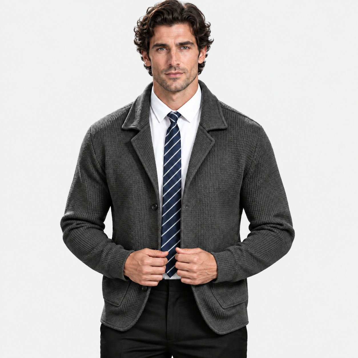 Men's Waffle Knit Jacket – Soft Stretch Loose Fit Winter Coat | Black Navy Grey Burgundy | S–3XL