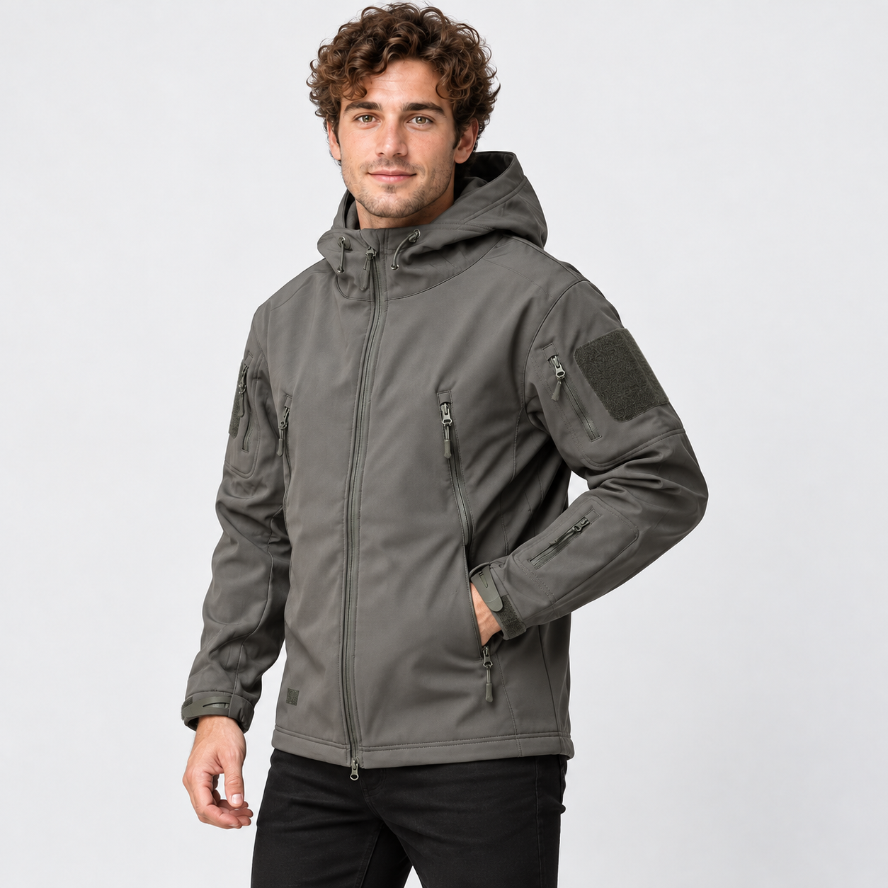 Men's Softshell Fleece-Lined Hooded Jacket – Windproof Winter Coat | Green Grey Navy | S–3XL