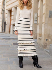 Knit Stripe Ruffle Long Sleeve Maxi Dress | Women's Knit Striped Maxi Dress | Casual Warm Long Dress UK