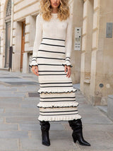 Knit Stripe Ruffle Long Sleeve Maxi Dress | Women's Knit Striped Maxi Dress | Casual Warm Long Dress UK