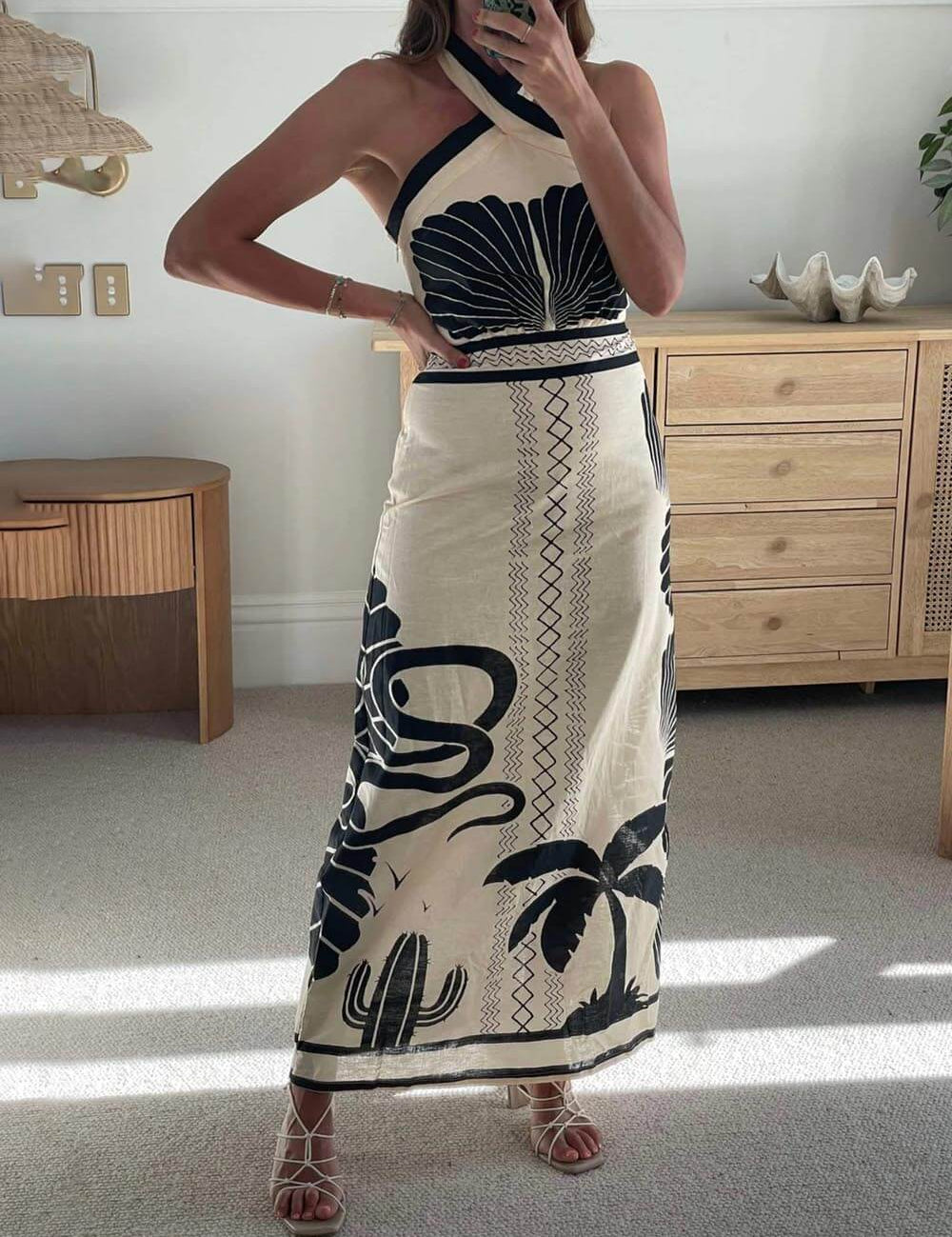 Elegant And Sexy Ethnic Print Slim-Fit Halter Neck Maxi Dress | Women's Halter Neck Maxi Dress | Summer Holiday Long Dress UK