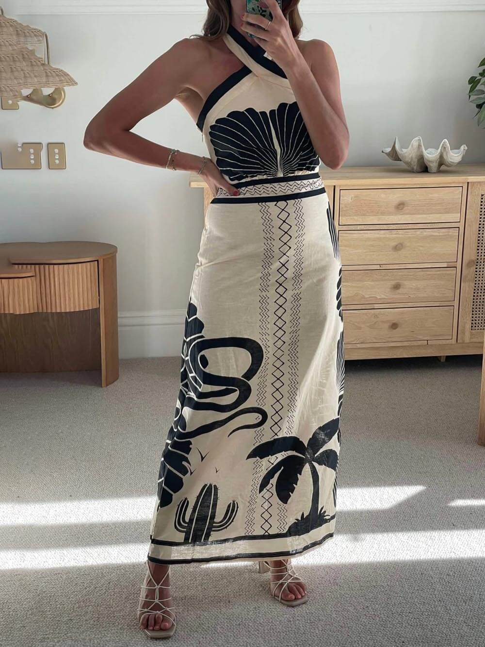 Elegant And Sexy Ethnic Print Slim-Fit Halter Neck Maxi Dress | Women's Halter Neck Maxi Dress | Summer Holiday Long Dress UK