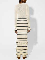 Knit Stripe Ruffle Long Sleeve Maxi Dress | Women's Knit Striped Maxi Dress | Casual Warm Long Dress UK