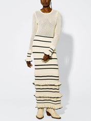 Knit Stripe Ruffle Long Sleeve Maxi Dress | Women's Knit Striped Maxi Dress | Casual Warm Long Dress UK