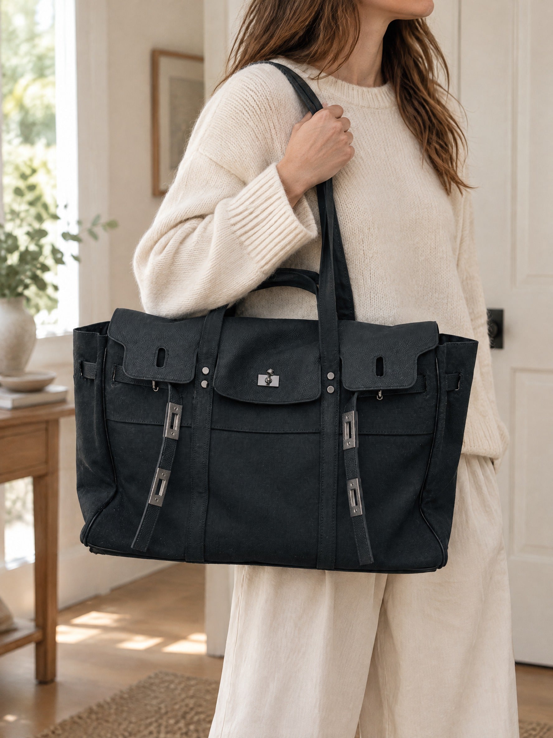 Lucienne Canvas Tote Bag – Premium Structured Handbag with Flap Detail and Gold Hardware