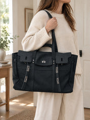 Lucienne Canvas Tote Bag – Premium Structured Handbag with Flap Detail and Gold Hardware