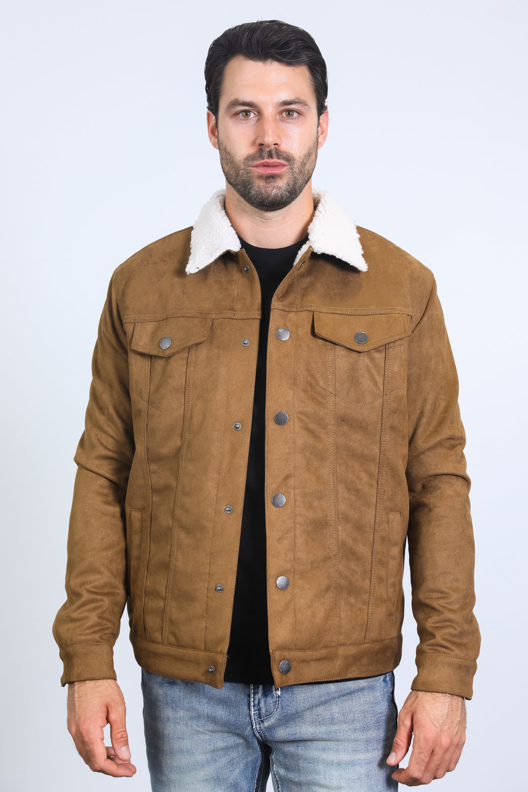 Sherpa-Lined Faux Suede Jacket | Men's Cosy Winter Coat | Camel Charcoal