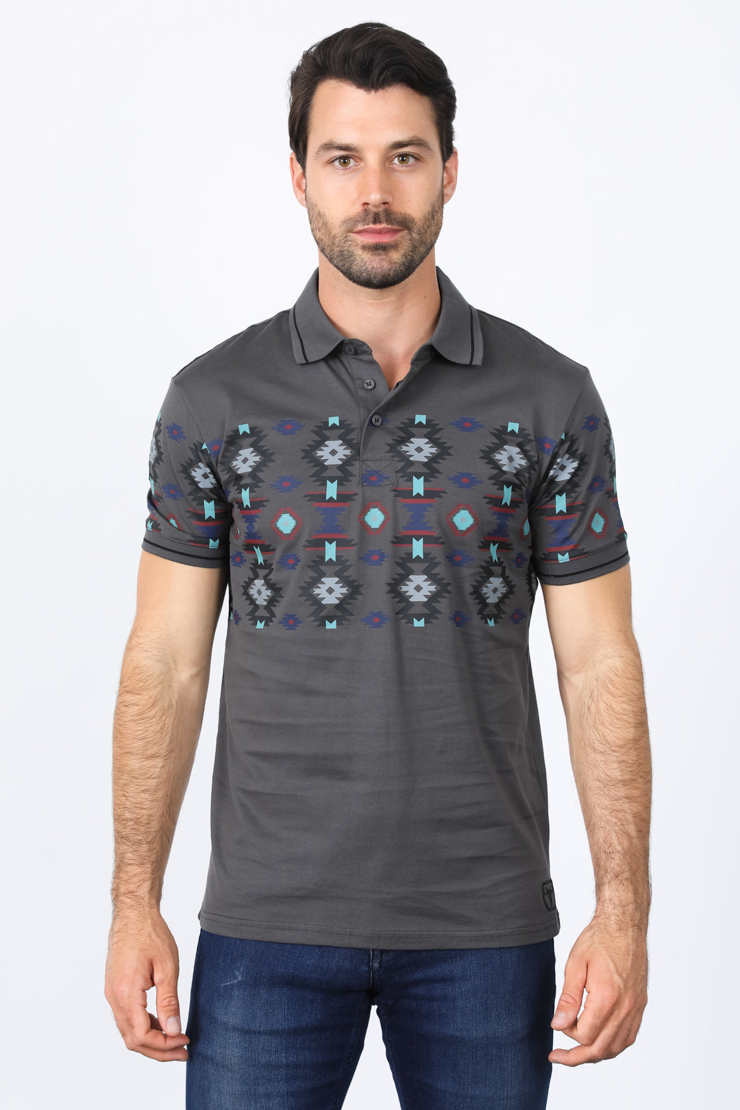 Aztec Motif Row Polo Shirt | Polo | Men's Cotton Stretch Charcoal Aztec Print