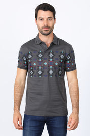 Aztec Motif Row Polo Shirt | Polo | Men's Cotton Stretch Charcoal Aztec Print