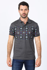 Aztec Motif Row Polo Shirt | Polo | Men's Cotton Stretch Charcoal Aztec Print