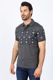Aztec Motif Row Polo Shirt | Polo | Men's Cotton Stretch Charcoal Aztec Print