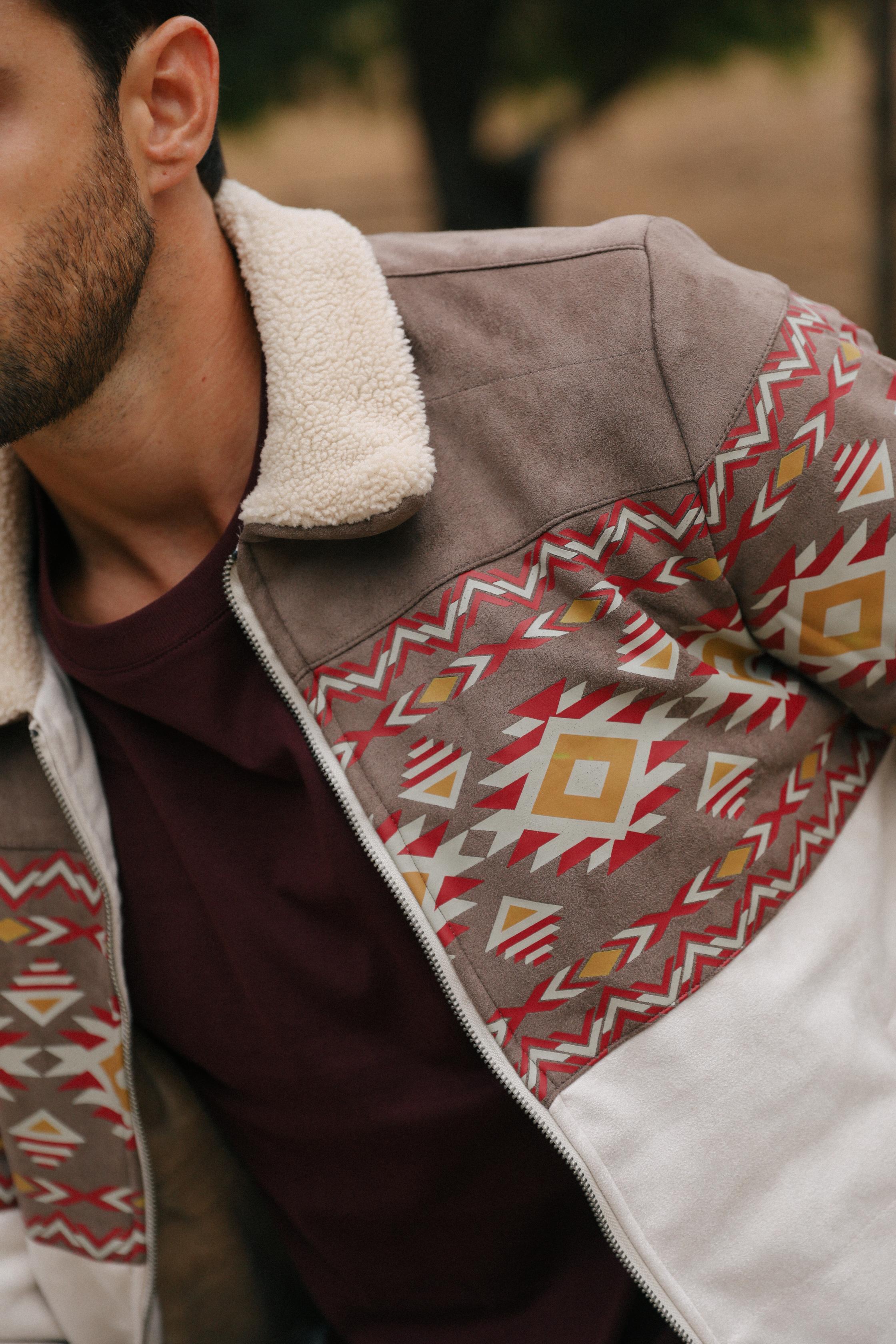 Beige Aztec Suede Quilted Fur-Lined Jacket | Jacket | Men's Ethnic Aztec Faux Suede Beige