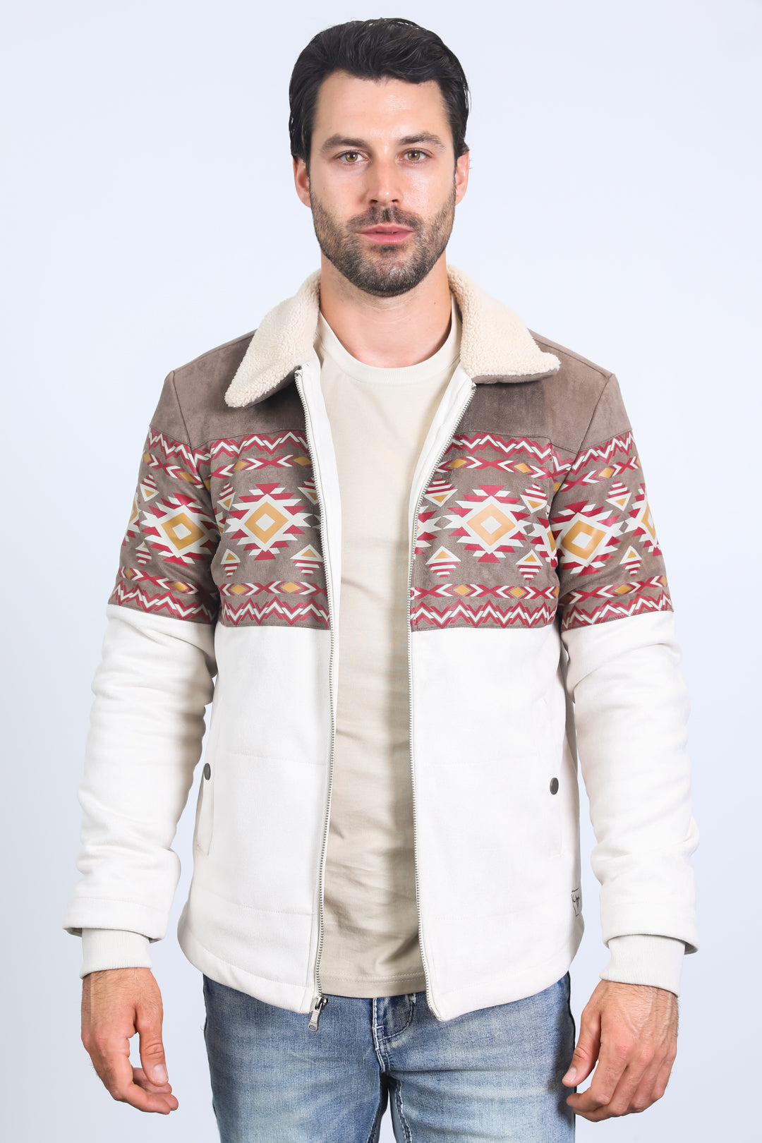 Beige Aztec Suede Quilted Fur-Lined Jacket | Jacket | Men's Ethnic Aztec Faux Suede Beige