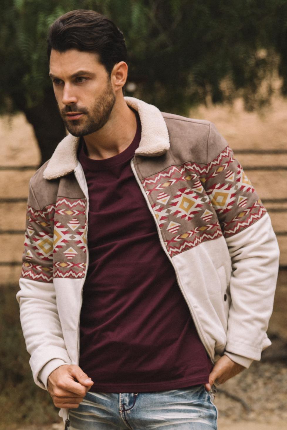 Beige Aztec Suede Quilted Fur-Lined Jacket | Jacket | Men's Ethnic Aztec Faux Suede Beige