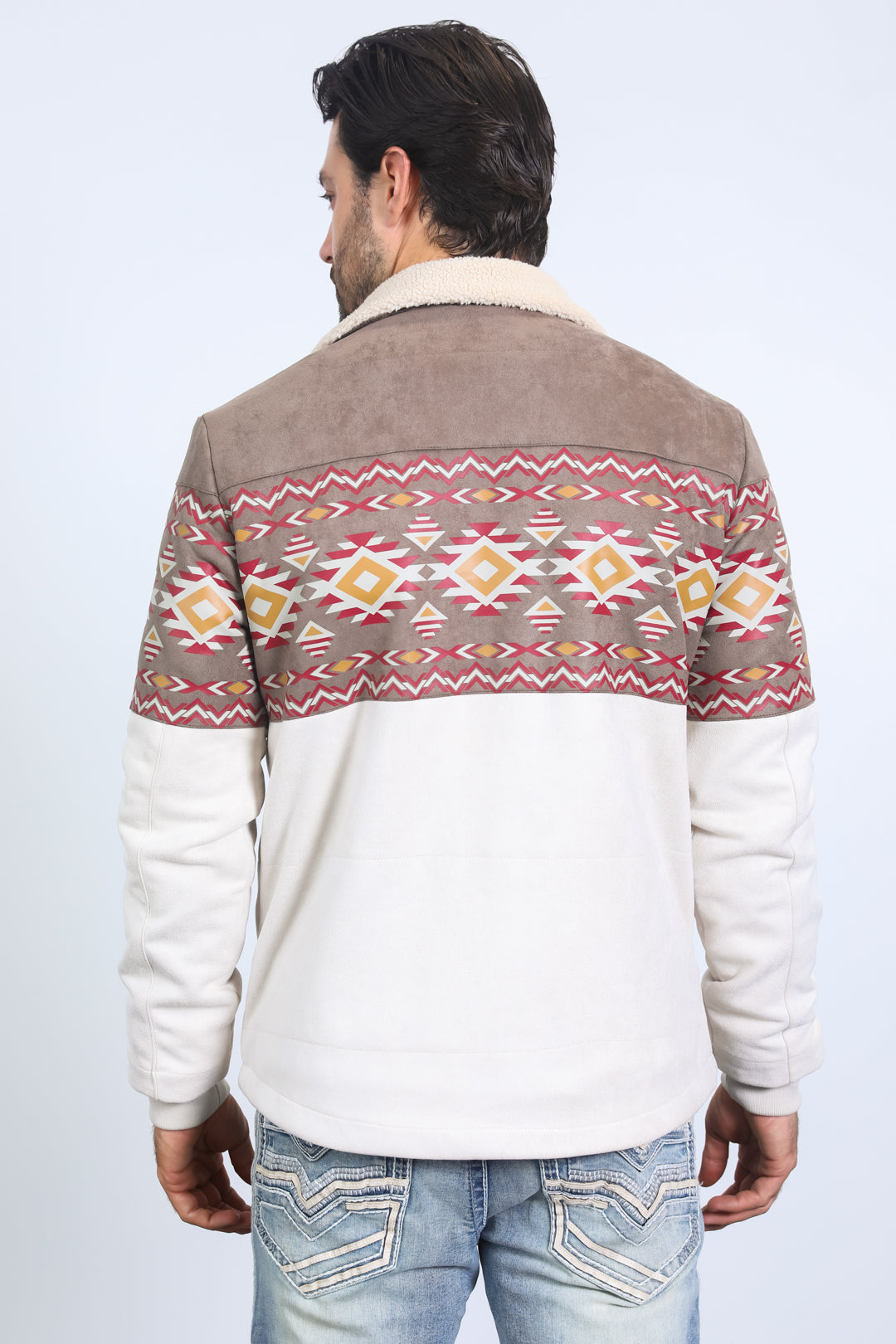 Beige Aztec Suede Quilted Fur-Lined Jacket | Jacket | Men's Ethnic Aztec Faux Suede Beige