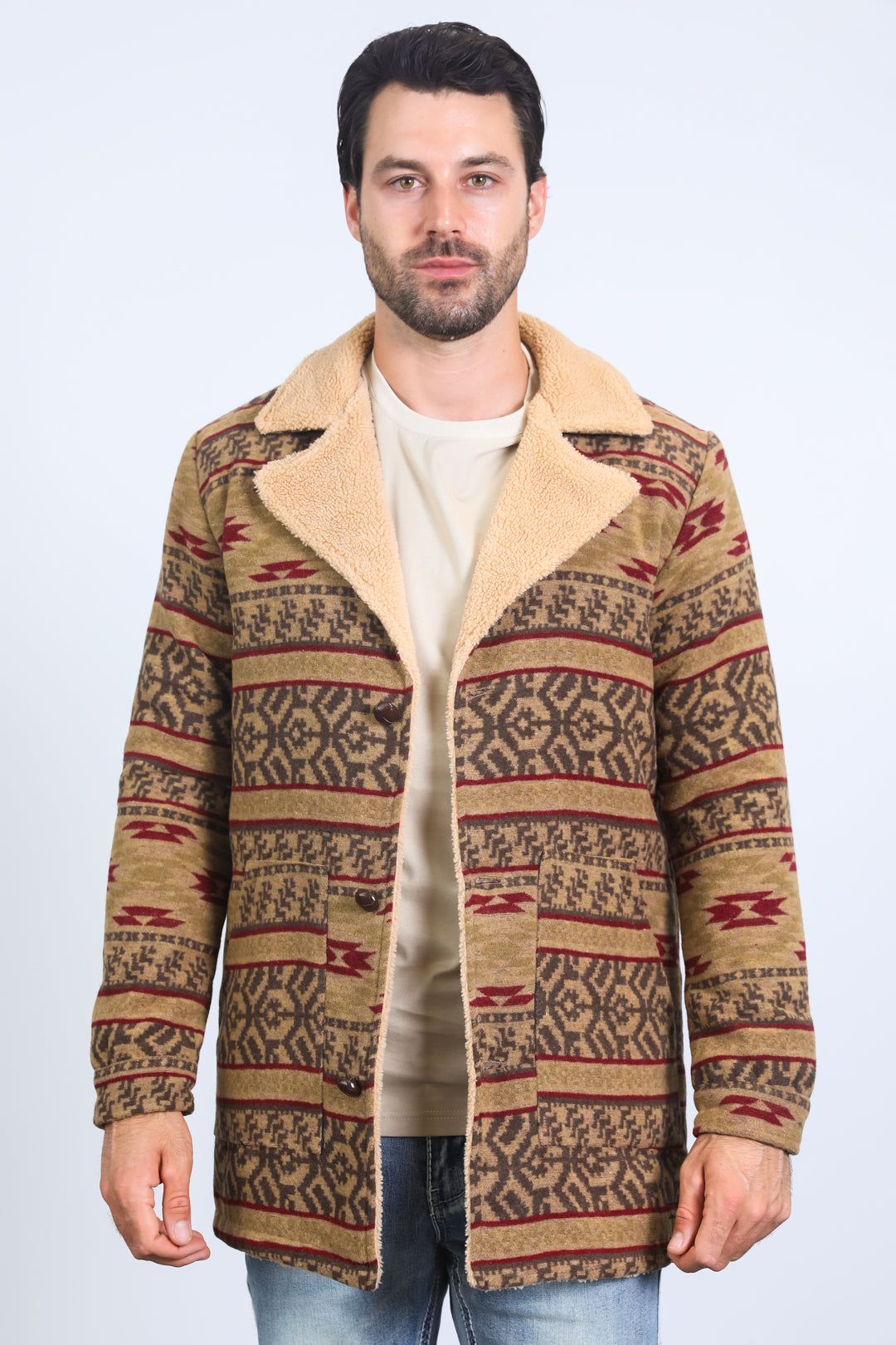 Aztec Long Twill Coat | Men's Coat | Men Aztec Long Coat Black Beige Turquoise
