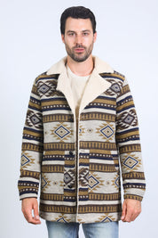Aztec Long Twill Coat | Men's Coat | Men Aztec Long Coat Black Beige Turquoise