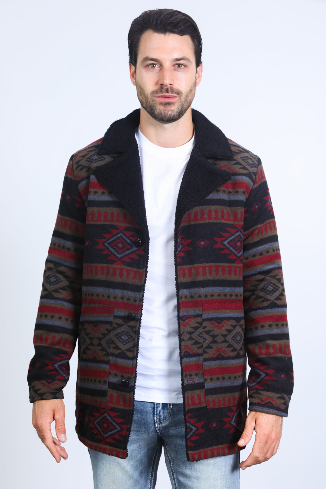 Aztec Long Twill Coat | Men's Western Duster Coat | Black Red Beige Turquoise