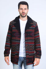 Aztec Long Twill Coat | Men's Coat | Men Aztec Long Coat Black Beige Turquoise