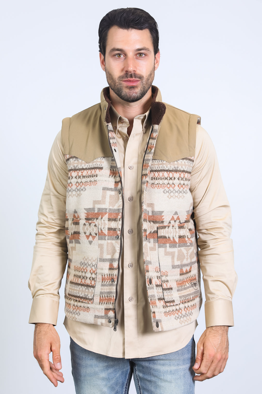 Aztec Fur-Lined Quilted Gilet | Men's Gilet | Men Aztec Quilted Fur Beige Brown Green Black Charcoal
