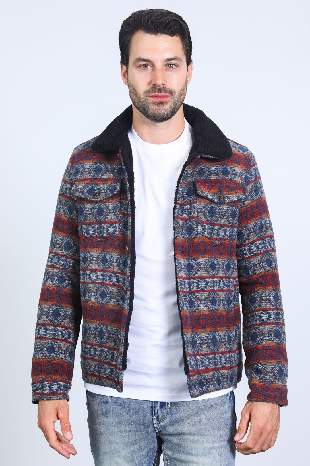 Aztec Quilted Fur-Lined Jacket | Men's Multi-Colour Ethnic Winter Coat | Beige Camel Black Burgundy Grey