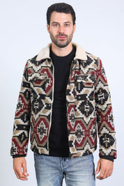 Aztec Quilted Fur-Lined Jacket | Men's Multi-Colour Ethnic Winter Coat | Beige Camel Black Burgundy Grey