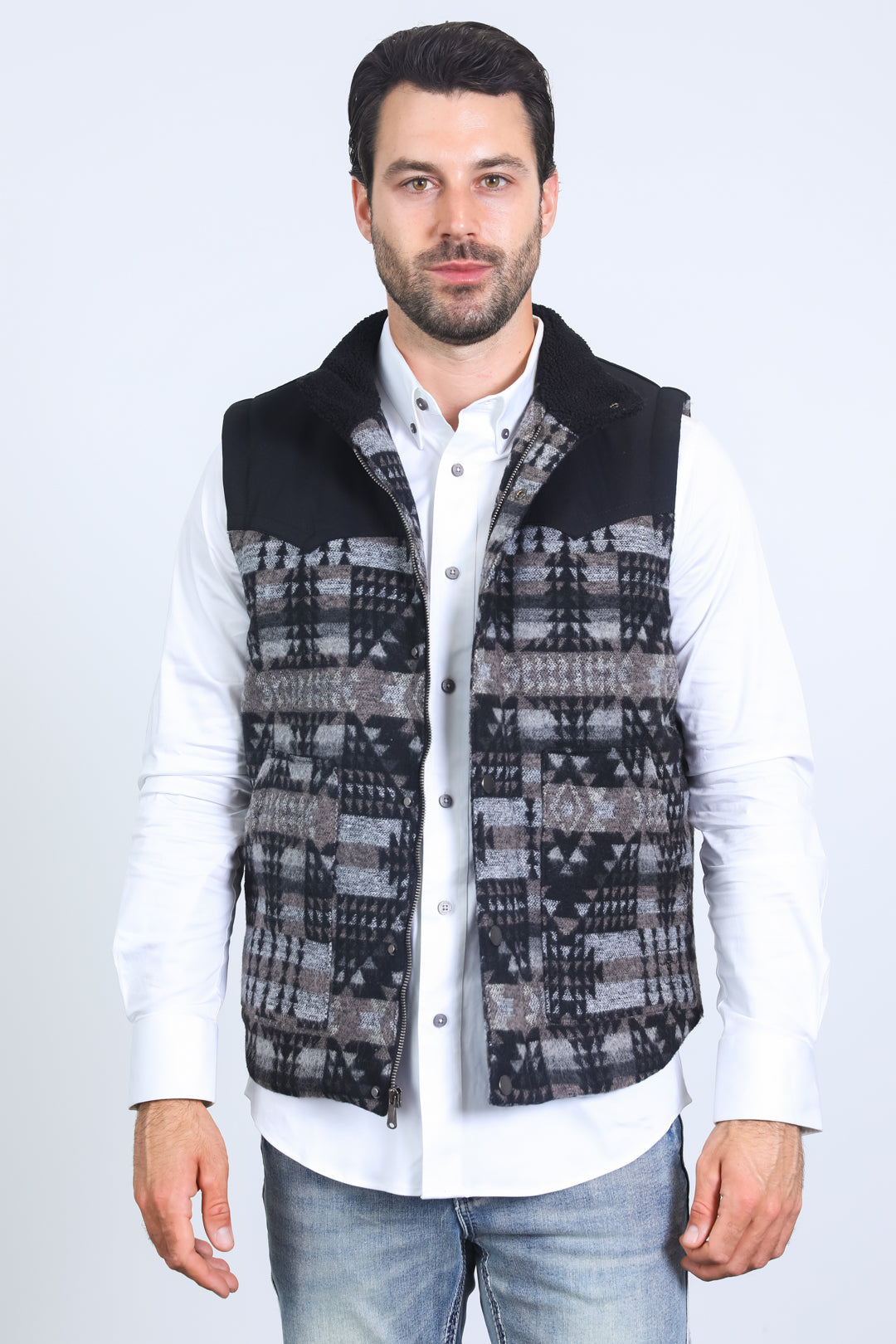 Aztec Fur-Lined Quilted Gilet | Men's Gilet | Men Aztec Quilted Fur Beige Brown Green Black Charcoal