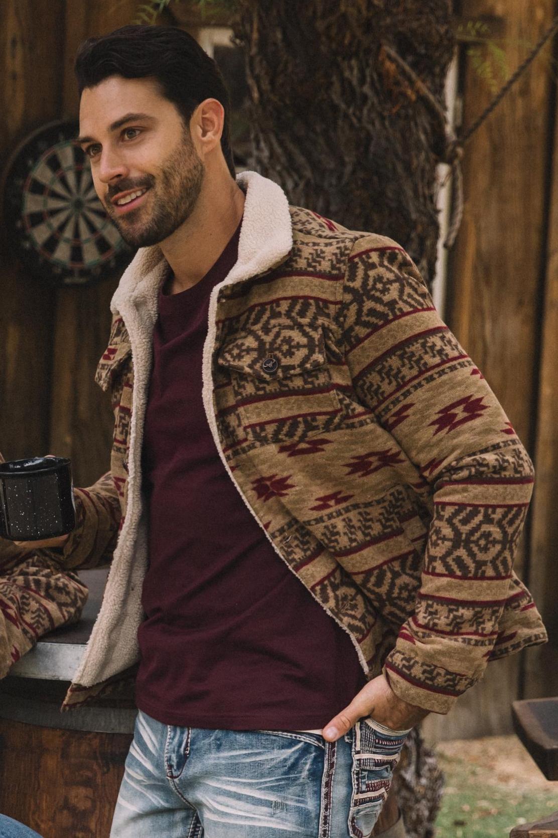 Aztec Quilted Fur-Lined Jacket | Men's Multi-Colour Ethnic Winter Coat | Beige Camel Black Burgundy Grey