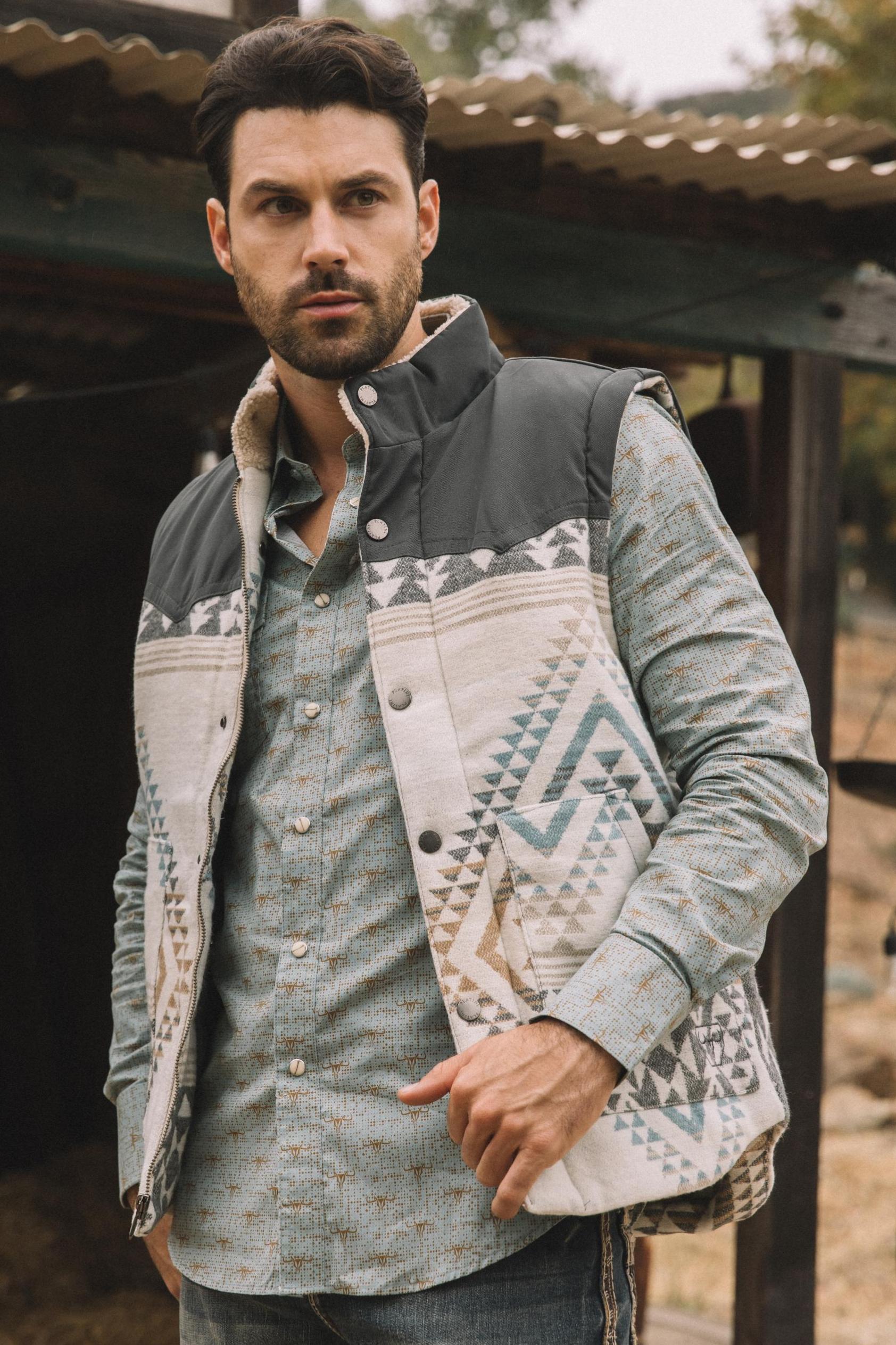 Aztec Fur-Lined Vest | Men's Gilet | Men Aztec Quilted Fur Beige Brown Green Black Charcoal